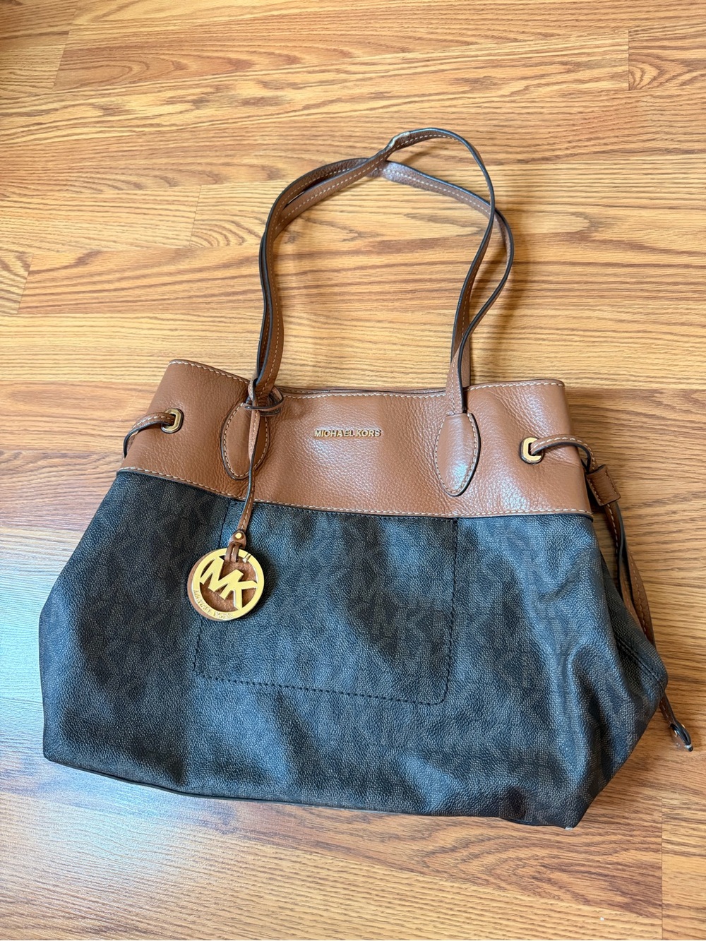 Michael Kors Dark Brown Monogram and Tan Leather Tote
